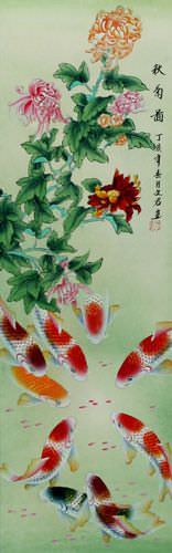 Koi Fish and Chrysanthemum Chinese Scroll close up view