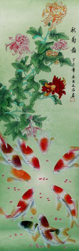 Koi Fish and Chrysanthemum Wall Scroll close up view