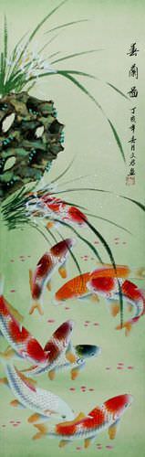 Koi Fish and Orchid Wall Scroll close up view