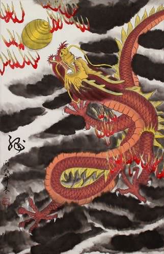 Chinese Red Dragon - Silk Scroll - Asian Art