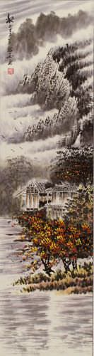 Autumn Village Landscape Wall Scroll close up view