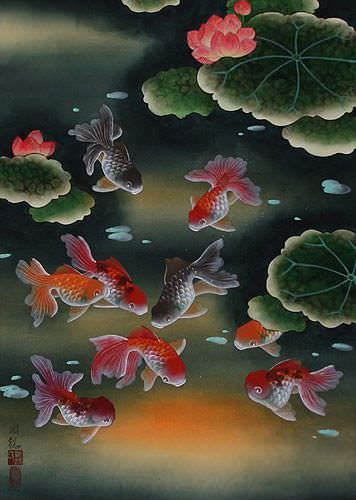 Gold Fish & Flowers - Asian Scroll close up view