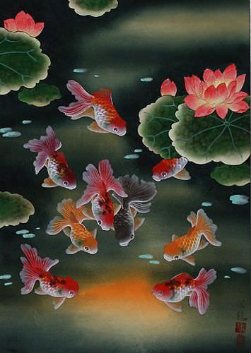 Gold Fish & Flowers - Asian Scroll close up view
