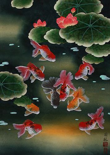 Gold Fish & Flowers - Asian Scroll close up view