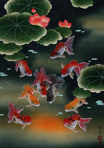 Goldfish & Lotus Flowers Painting - Asian Art