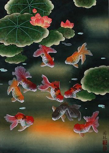 Gold Fish & Flowers - Asian Scroll close up view