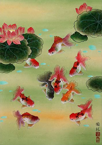 Gold Fish & Flowers - Asian Scroll close up view