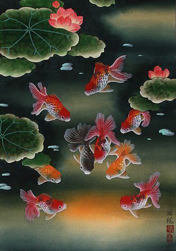 Gold Fish & Flowers - Asian Scroll close up view