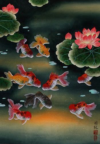 Gold Fish & Flowers - Asian Scroll close up view