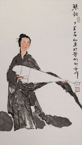Abstract Woman and Lute Chinese Scroll close up view