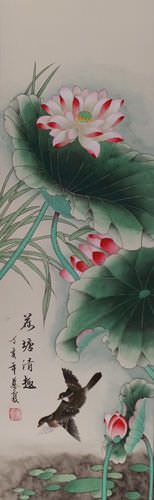 Bird and Lotus Flower Chinese Scroll close up view