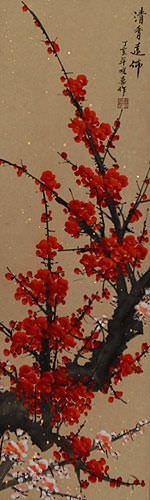 Red Plum Blossom Wall Scroll close up view