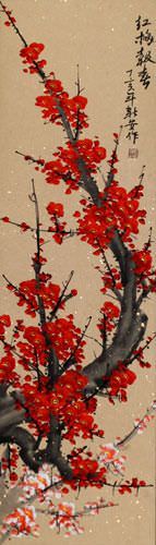 Bright Red Plum Blossom Wall Scroll close up view