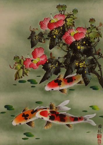 Koi Fish & Flower - Chinese Scroll close up view