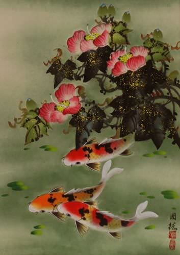 Koi Fish & Flower - Chinese Scroll close up view