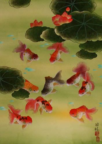 Gold Fish & Flowers - Asian Scroll close up view