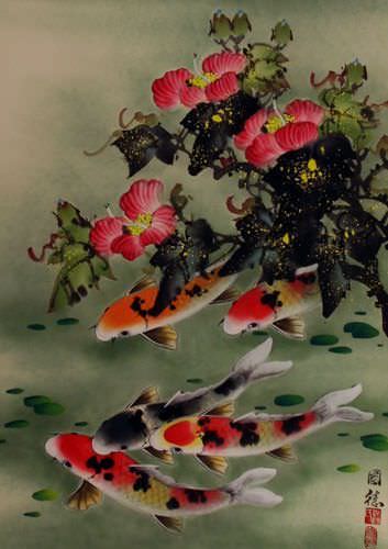 Koi Fish & Flower - Chinese Scroll close up view