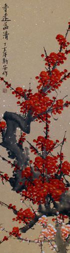 Red Plum Blossom Wall Scroll close up view