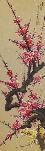Reddish-Pink and Yellow Plum Blossom - Chinese Scroll close up view