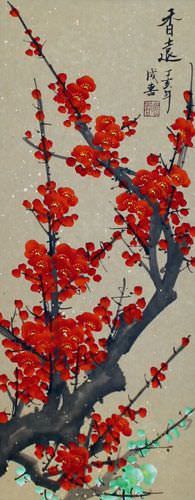 Colorful Plum Blossom Wall Scroll close up view
