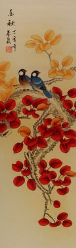Autumn Fun - Birds and Flowers Wall Scroll close up view