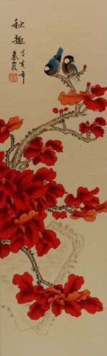 More Red than the Leaves of Early Spring - Birds and Flowers Wall Scroll close up view