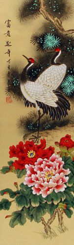 Long Life Full of Riches and Honor - Cranes, Pine Tree & Flowers Wall Scroll close up view