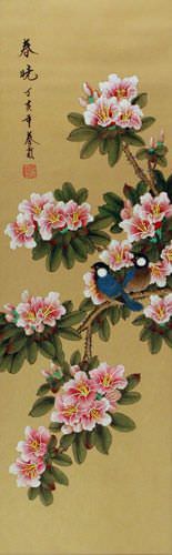 Hints of Spring - Birds & Peach Blossoms Wall Scroll close up view