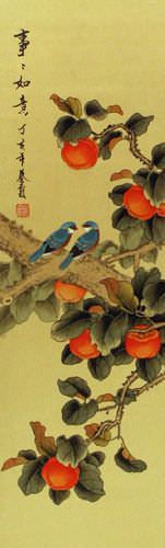 Everything As You Wish Birds & Persimmon Wall Scroll close up view