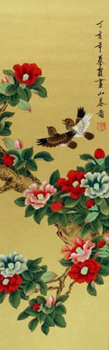 Mountain Tea (Camellia Flower) and Finches Wall Scroll close up view