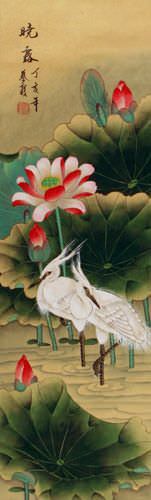 Morning Dew of the Lotus Pond - Egrets Wall Scroll close up view