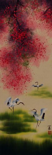 Four Seasons - Asian Cranes - Wall Scroll close up view