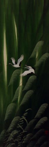 Summer Asian Cranes Landscape Wall Scroll close up view