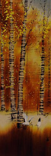 Autumn in Birch Forest - Asian Cranes Wall Scroll close up view