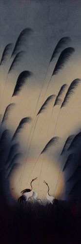 Colorful Cranes Wall Scroll close up view