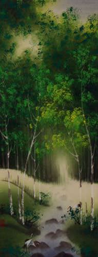 Singing Cranes - Asian Mountain Stream Small Wall Scroll close up view