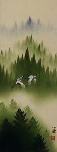 Colorful Cranes Wall Scroll close up view