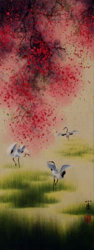 Four Seasons - Asian Cranes - Small Wall Scroll close up view