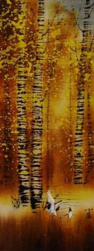Autumn in Birch Forest - Asian Cranes - Small Wall Scroll close up view