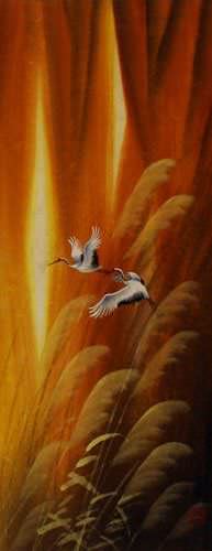 Autumn Flight - Asian Cranes - Small Wall Scroll close up view