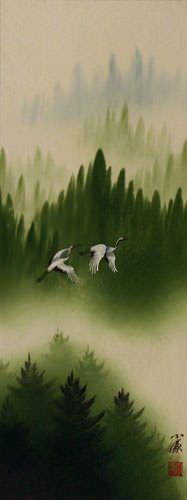 Colorful Cranes Wall Scroll close up view