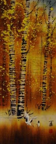 Autumn in Birch Forest - Asian Cranes - Small Wall Scroll close up view