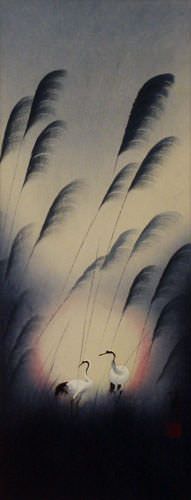 Colorful Asian Cranes Wall Scroll close up view