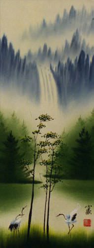 Waterfall Delight Asian Cranes Landscape - Small Wall Scroll close up view