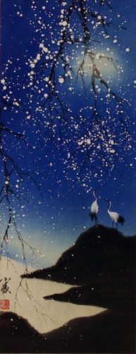 Blue Dreams Fantasy Cranes - Small Wall Scroll close up view