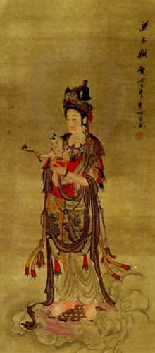 Guanyin Buddha Delivers a Child - Partial-Print Wall Scroll close up view