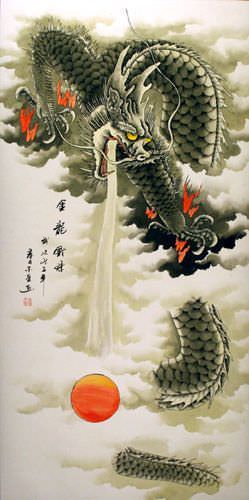 Golden Dragon Plays with a Ball of Lightning Wall Scroll close up view