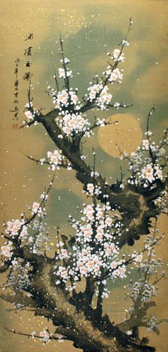 Big White Plum Blossom Wall Scroll close up view