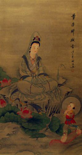 Image of Guanyin Buddha Diety - Partial-Print Wall Scroll close up view