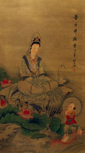 Image of Guanyin Buddha Diety - Partial-Print Wall Scroll close up view